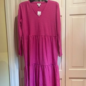 J Crew Factory V neck tiered knit dress in pink dot size M NWT